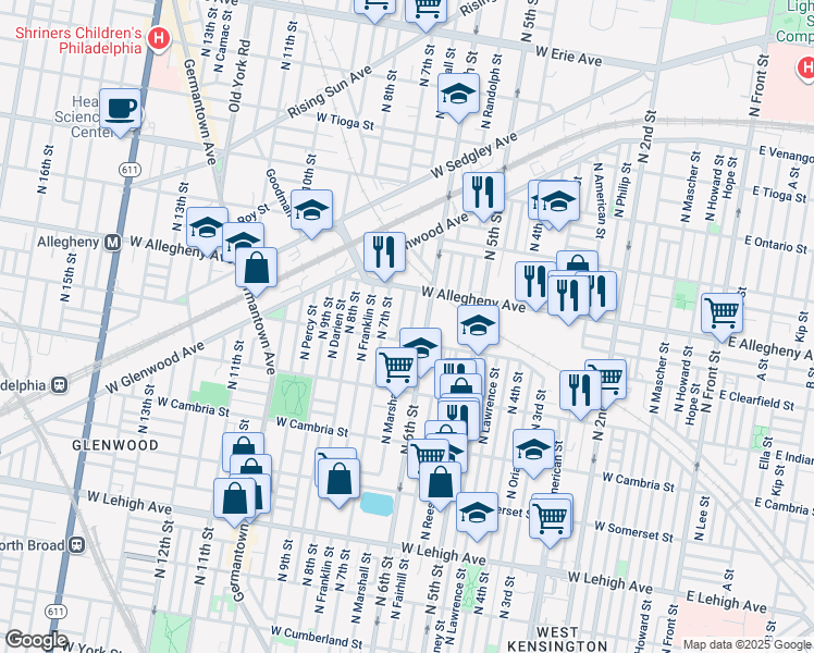 map of restaurants, bars, coffee shops, grocery stores, and more near 3116 North Wendle Street in Philadelphia