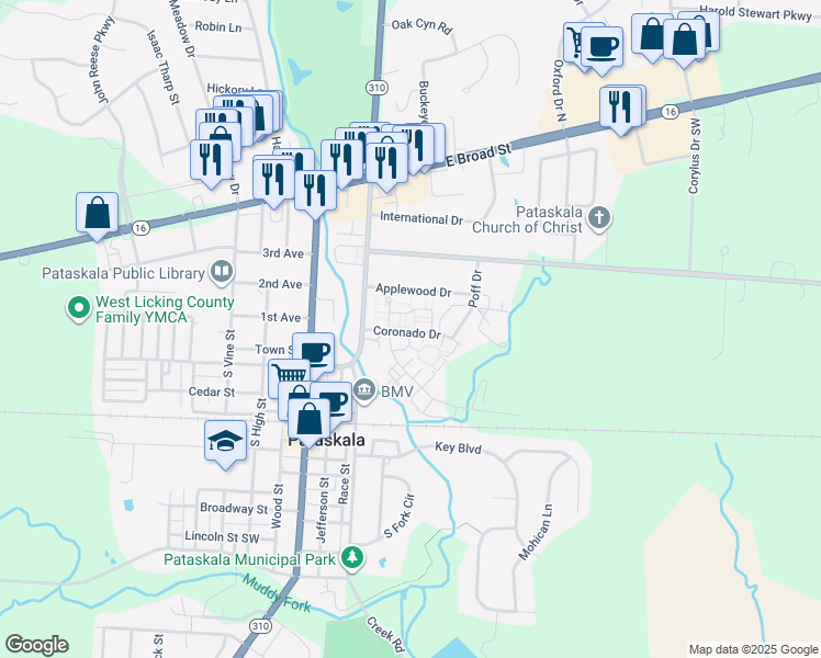 map of restaurants, bars, coffee shops, grocery stores, and more near 114 Coronado Drive in Pataskala