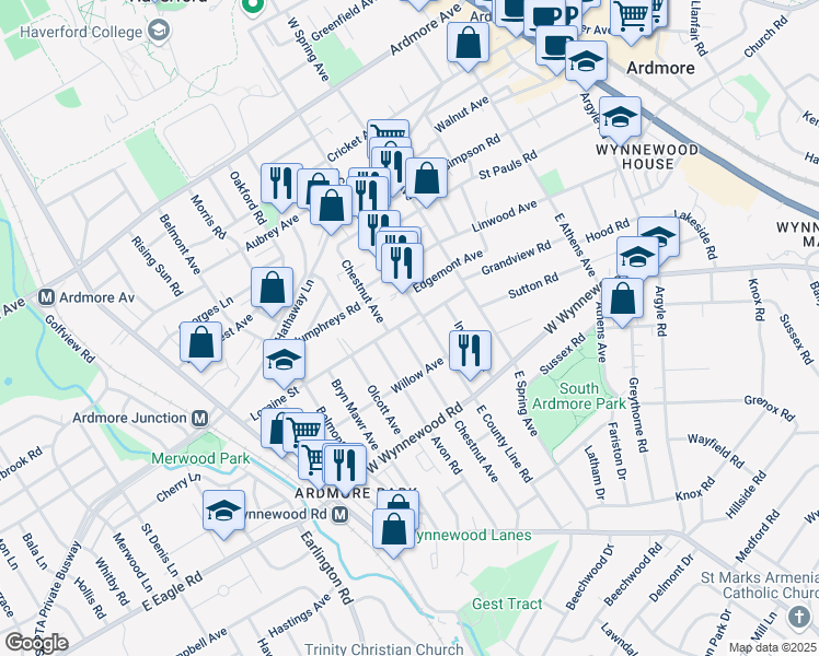 map of restaurants, bars, coffee shops, grocery stores, and more near 2537 Chestnut Avenue in Ardmore