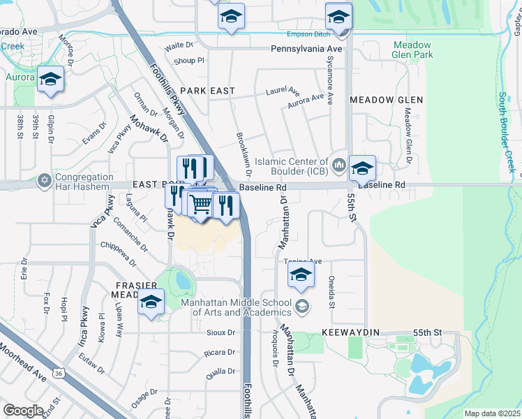 map of restaurants, bars, coffee shops, grocery stores, and more near 645 Manhattan Place in Boulder