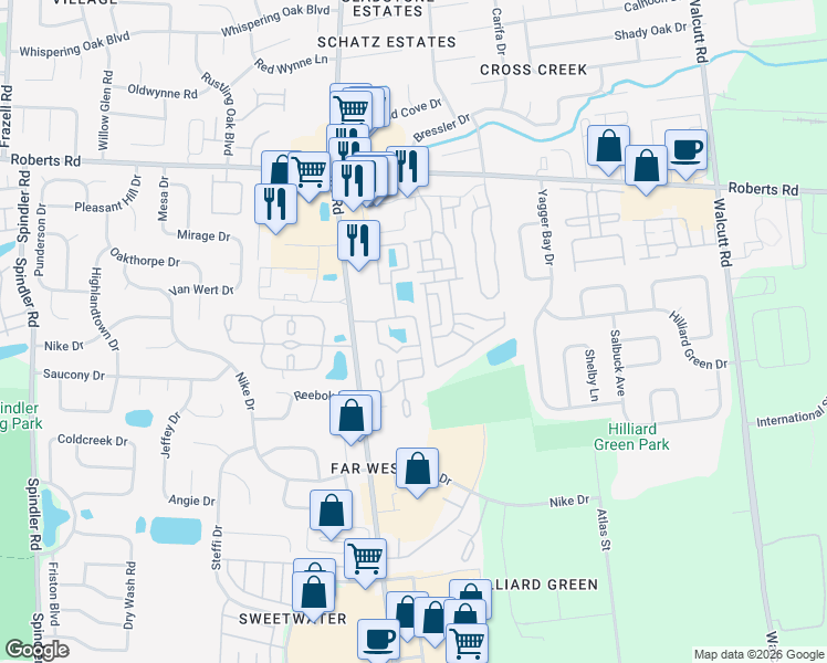 map of restaurants, bars, coffee shops, grocery stores, and more near 2295 Asics Road in Hilliard