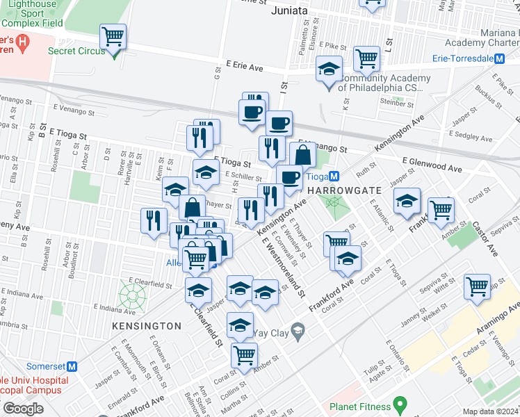 map of restaurants, bars, coffee shops, grocery stores, and more near 3352 I Street in Philadelphia