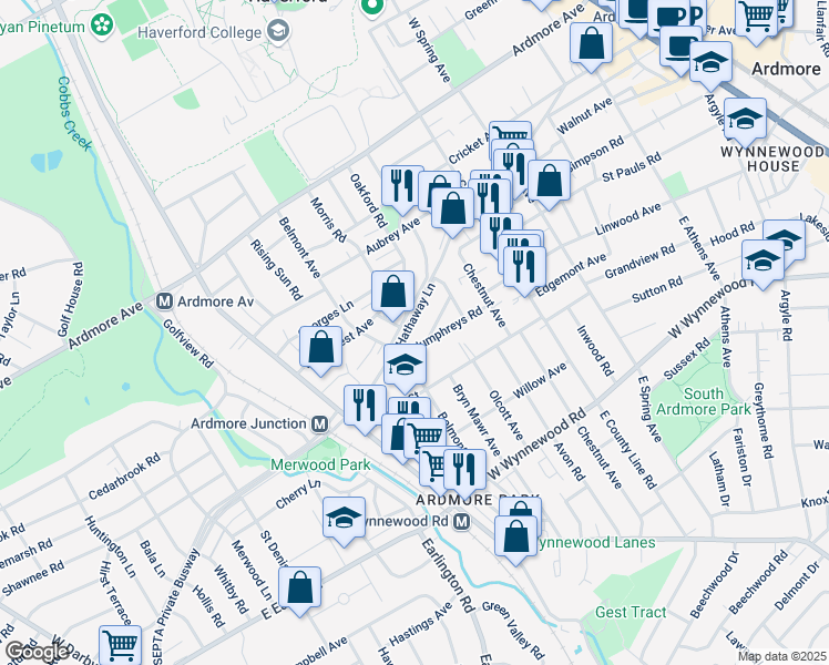 map of restaurants, bars, coffee shops, grocery stores, and more near 727 Hathaway Lane in Ardmore
