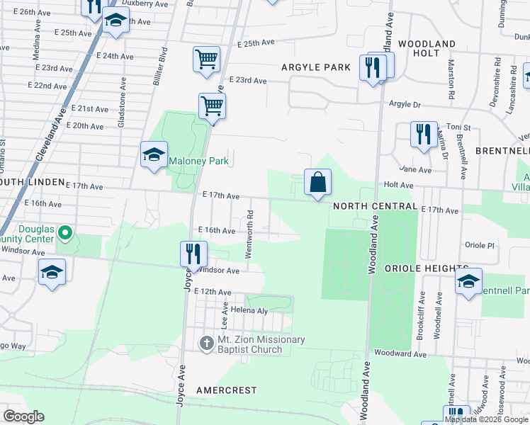 map of restaurants, bars, coffee shops, grocery stores, and more near 1558 Wentworth Road in Columbus
