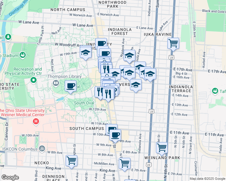 map of restaurants, bars, coffee shops, grocery stores, and more near 32 East 14th Avenue in Columbus
