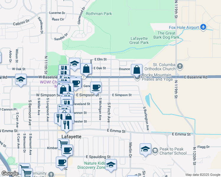 map of restaurants, bars, coffee shops, grocery stores, and more near 600 East Geneseo Street in Lafayette