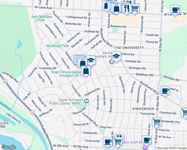 map of restaurants, bars, coffee shops, grocery stores, and more near 2070 North Devon Road in Columbus