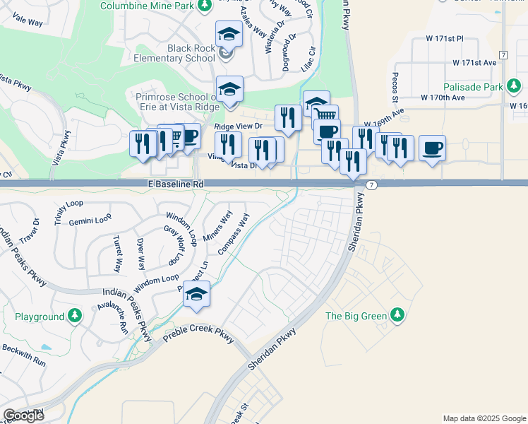 map of restaurants, bars, coffee shops, grocery stores, and more near 2218 Prospect Lane in Broomfield
