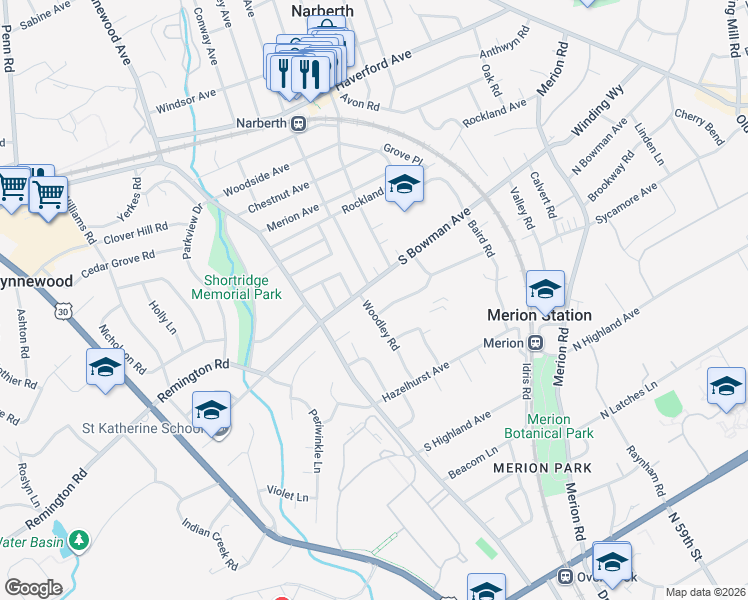 map of restaurants, bars, coffee shops, grocery stores, and more near 351 Woodley Road in Merion Station