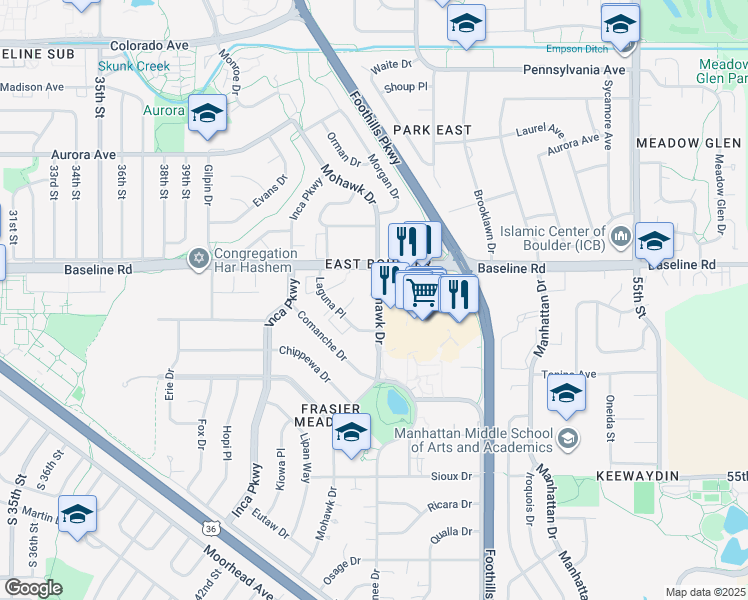map of restaurants, bars, coffee shops, grocery stores, and more near 635 Mohawk Drive in Boulder