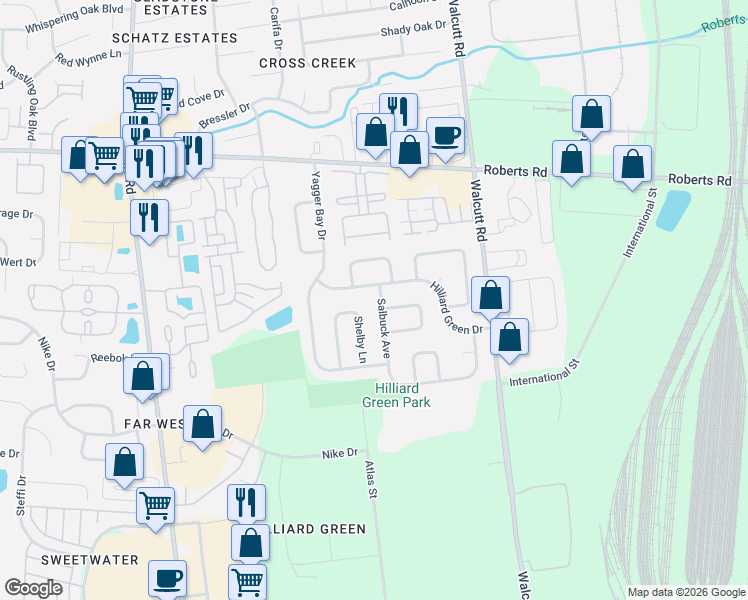 map of restaurants, bars, coffee shops, grocery stores, and more near 2371 Salbuck Avenue in Hilliard