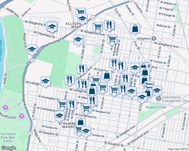 map of restaurants, bars, coffee shops, grocery stores, and more near 2825 North Marston Street in Philadelphia