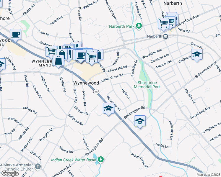 map of restaurants, bars, coffee shops, grocery stores, and more near 500 Williams Road in Wynnewood