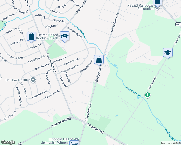 map of restaurants, bars, coffee shops, grocery stores, and more near 122 Jacqueline Avenue in Delran