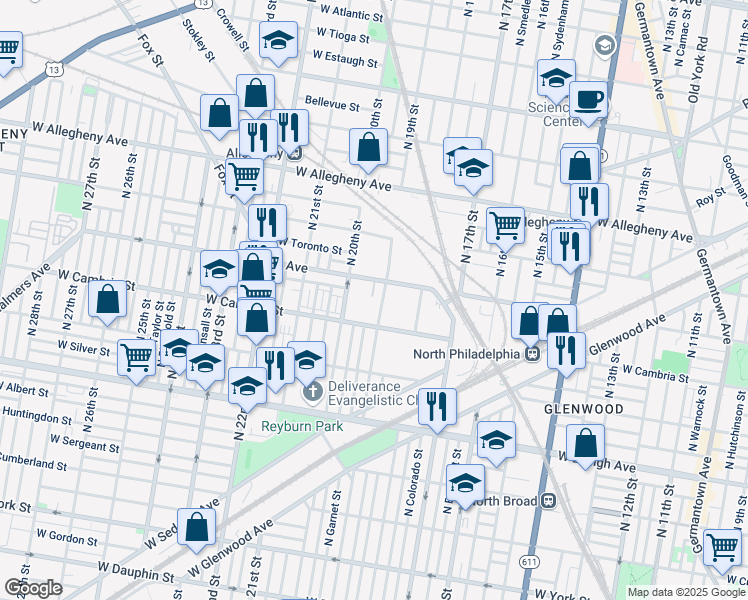 map of restaurants, bars, coffee shops, grocery stores, and more near 2938 North 19th Street in Philadelphia