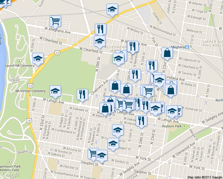 map of restaurants, bars, coffee shops, grocery stores, and more near 2825 North Marston Street in Philadelphia