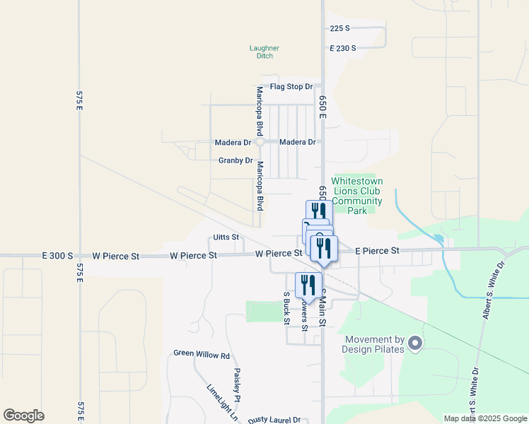 map of restaurants, bars, coffee shops, grocery stores, and more near 2871 Maricopa Blvd in Whitestown