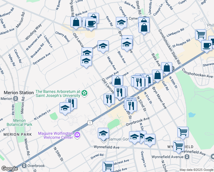 map of restaurants, bars, coffee shops, grocery stores, and more near 40 Old Lancaster Road in Merion Station