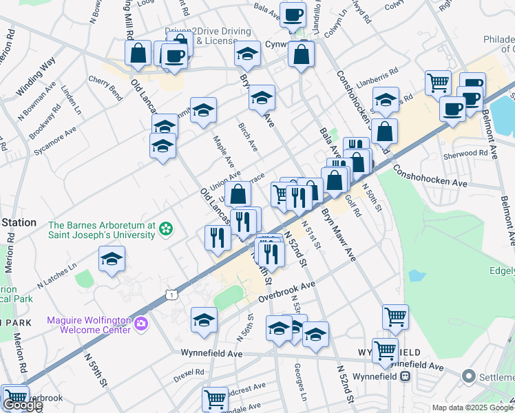 map of restaurants, bars, coffee shops, grocery stores, and more near 123 Edgehill Road in Bala Cynwyd