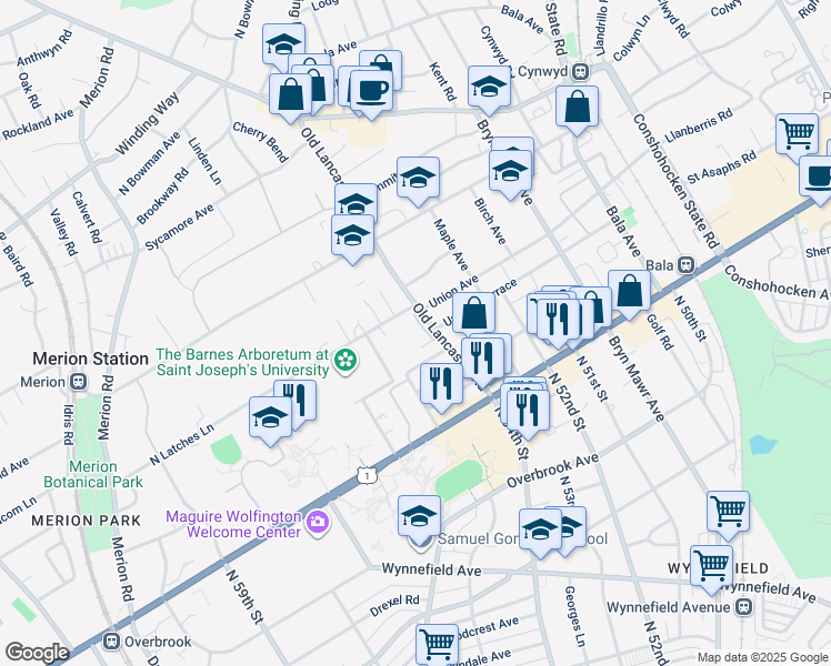 map of restaurants, bars, coffee shops, grocery stores, and more near 40 Old Lancaster Road in Merion Station