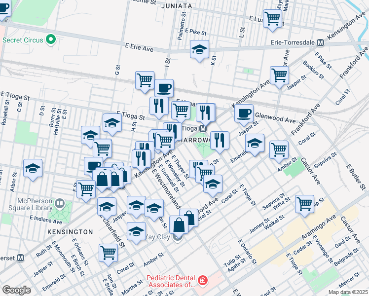map of restaurants, bars, coffee shops, grocery stores, and more near 1802 East Russell Street in Philadelphia