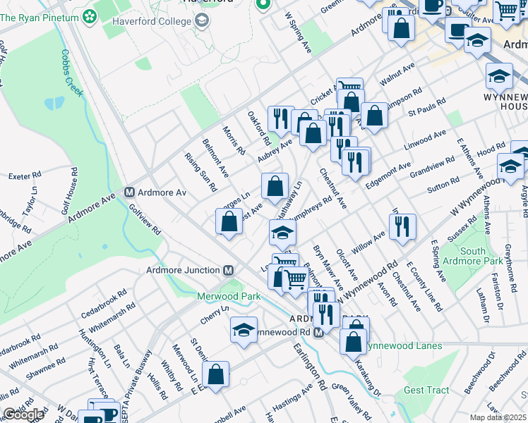 map of restaurants, bars, coffee shops, grocery stores, and more near 2711 Belmont Avenue in Ardmore