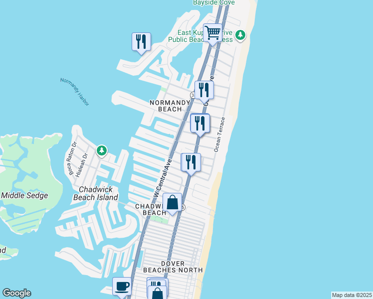 map of restaurants, bars, coffee shops, grocery stores, and more near 111 West 1st Street in Toms River