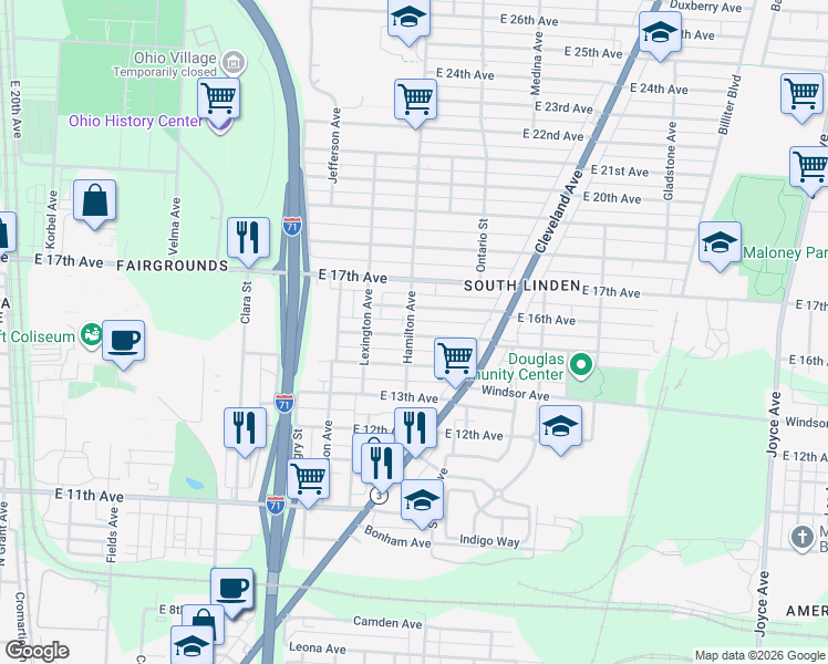 map of restaurants, bars, coffee shops, grocery stores, and more near 1026 East 15th Avenue in Columbus