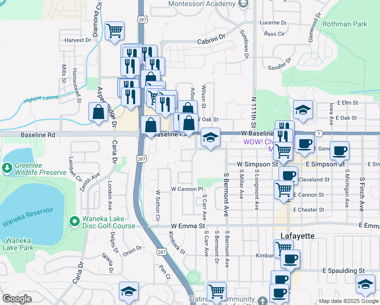 map of restaurants, bars, coffee shops, grocery stores, and more near 706 West Geneseo Street in Lafayette