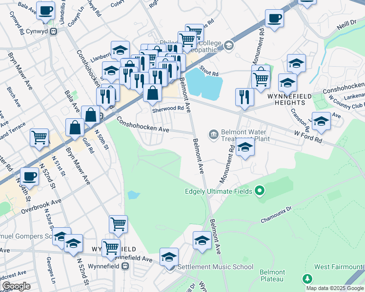 map of restaurants, bars, coffee shops, grocery stores, and more near 2600 Belmont Avenue in Philadelphia