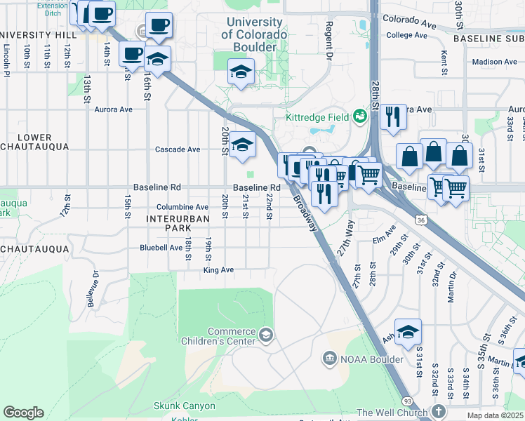 map of restaurants, bars, coffee shops, grocery stores, and more near 2150 Columbine Avenue in Boulder