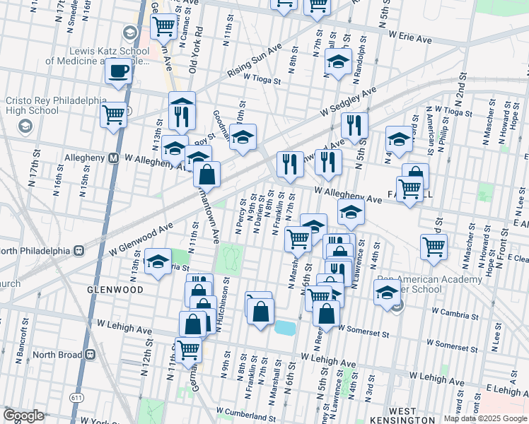 map of restaurants, bars, coffee shops, grocery stores, and more near 3104 North 8th Street in Philadelphia