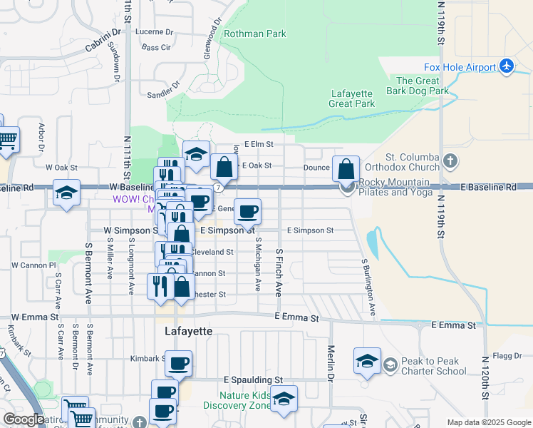 map of restaurants, bars, coffee shops, grocery stores, and more near 410 East Geneseo Street in Lafayette