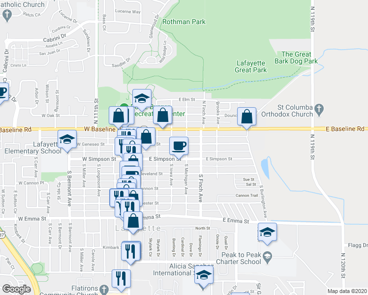 map of restaurants, bars, coffee shops, grocery stores, and more near 410 East Geneseo Street in Lafayette