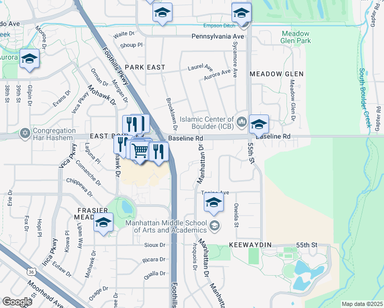 map of restaurants, bars, coffee shops, grocery stores, and more near in Boulder