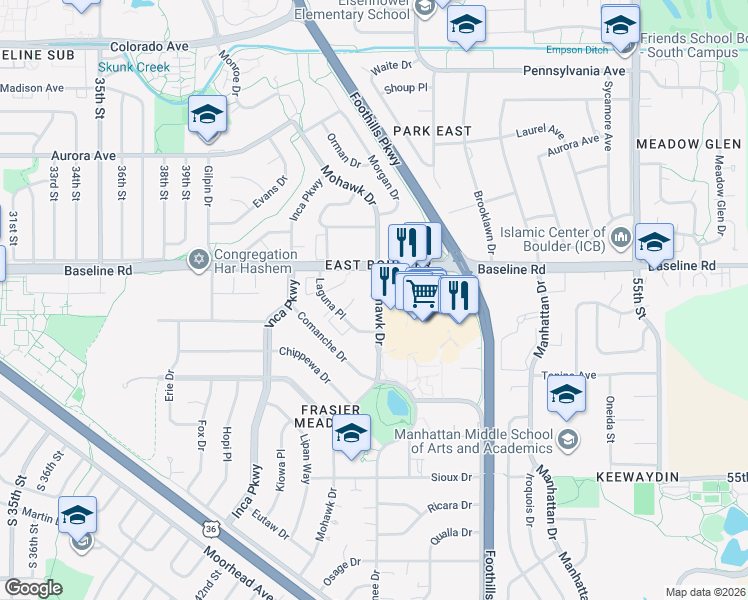 map of restaurants, bars, coffee shops, grocery stores, and more near 635 Mohawk Drive in Boulder