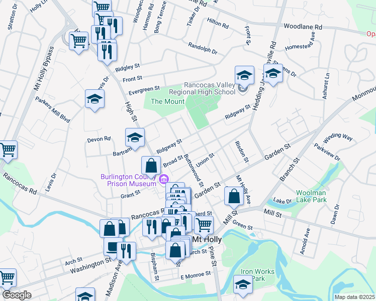 map of restaurants, bars, coffee shops, grocery stores, and more near 103 Broad Street in Mount Holly