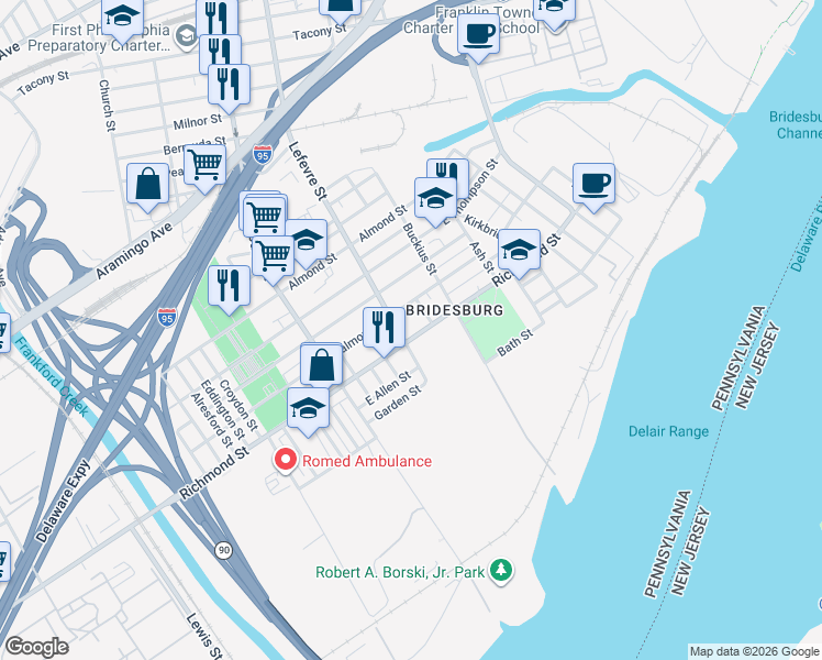 map of restaurants, bars, coffee shops, grocery stores, and more near 4514 Richmond Street in Philadelphia