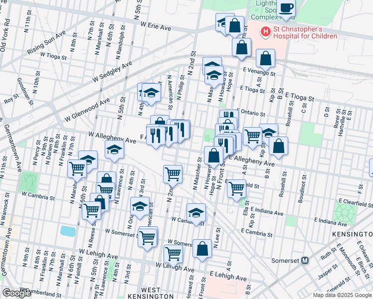 map of restaurants, bars, coffee shops, grocery stores, and more near 169 West Allegheny Avenue in Philadelphia