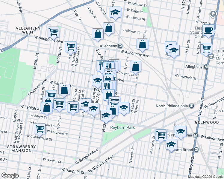 map of restaurants, bars, coffee shops, grocery stores, and more near in Philadelphia