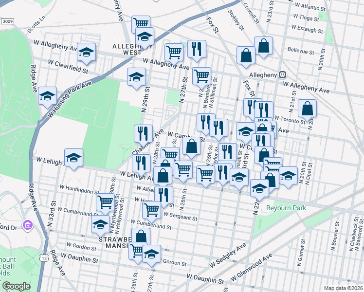 map of restaurants, bars, coffee shops, grocery stores, and more near 2838 North Bailey Street in Philadelphia