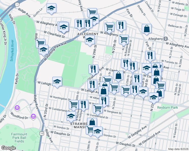 map of restaurants, bars, coffee shops, grocery stores, and more near 2821 North Newkirk Street in Philadelphia