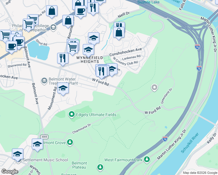 map of restaurants, bars, coffee shops, grocery stores, and more near 3900 West Ford Road in Philadelphia