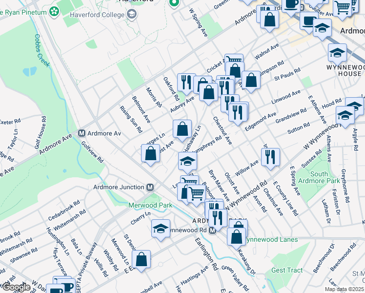 map of restaurants, bars, coffee shops, grocery stores, and more near 727 Hathaway Lane in Ardmore