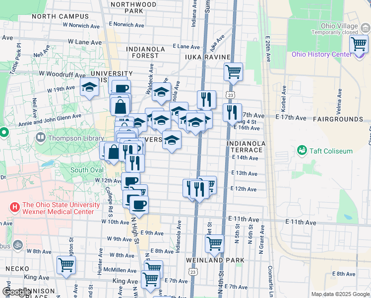 map of restaurants, bars, coffee shops, grocery stores, and more near 194 East 14th Avenue in Columbus