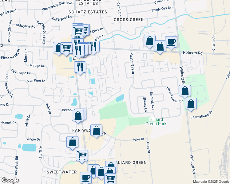 map of restaurants, bars, coffee shops, grocery stores, and more near 5212 Bridle Creek Way in Hilliard