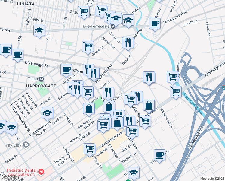 map of restaurants, bars, coffee shops, grocery stores, and more near 2146-2158 East Butler Street in Philadelphia