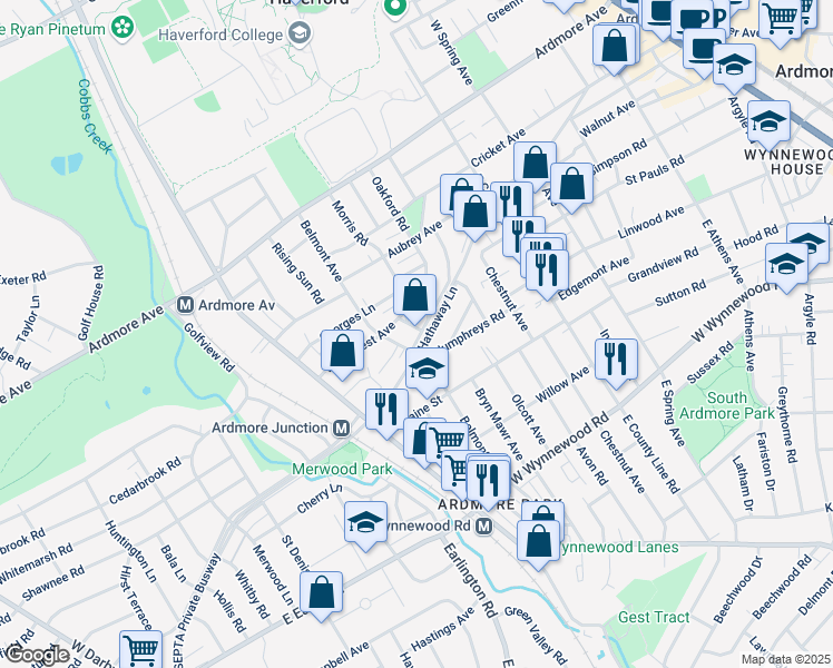 map of restaurants, bars, coffee shops, grocery stores, and more near 727 Hathaway Lane in Ardmore