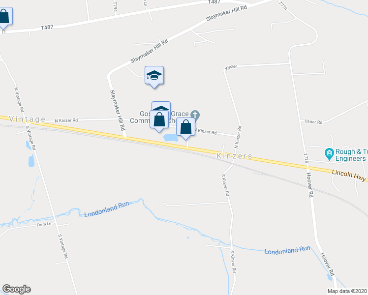 map of restaurants, bars, coffee shops, grocery stores, and more near 3500 Lincoln Highway East in Kinzers
