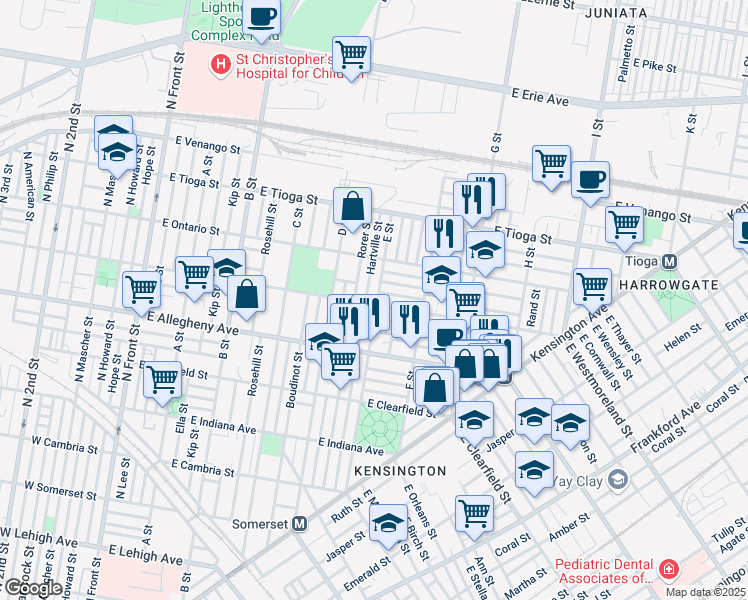 map of restaurants, bars, coffee shops, grocery stores, and more near 543 East Westmoreland Street in Philadelphia